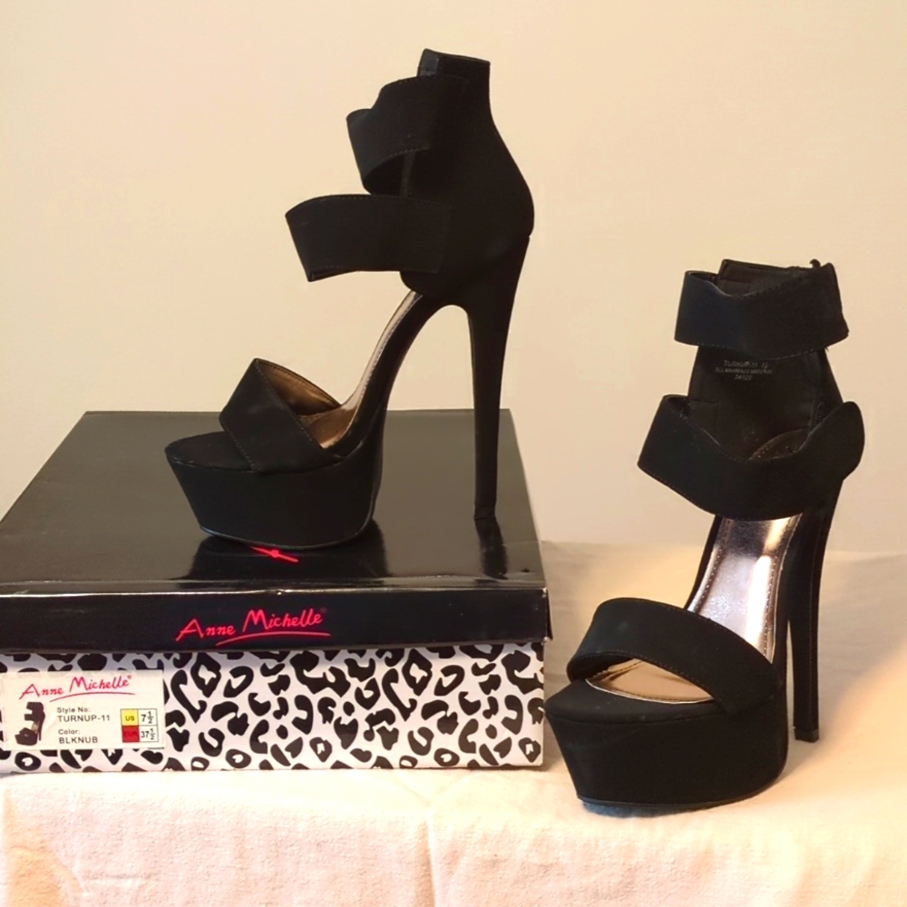 Black Suede Velcro Strap Platform Heels